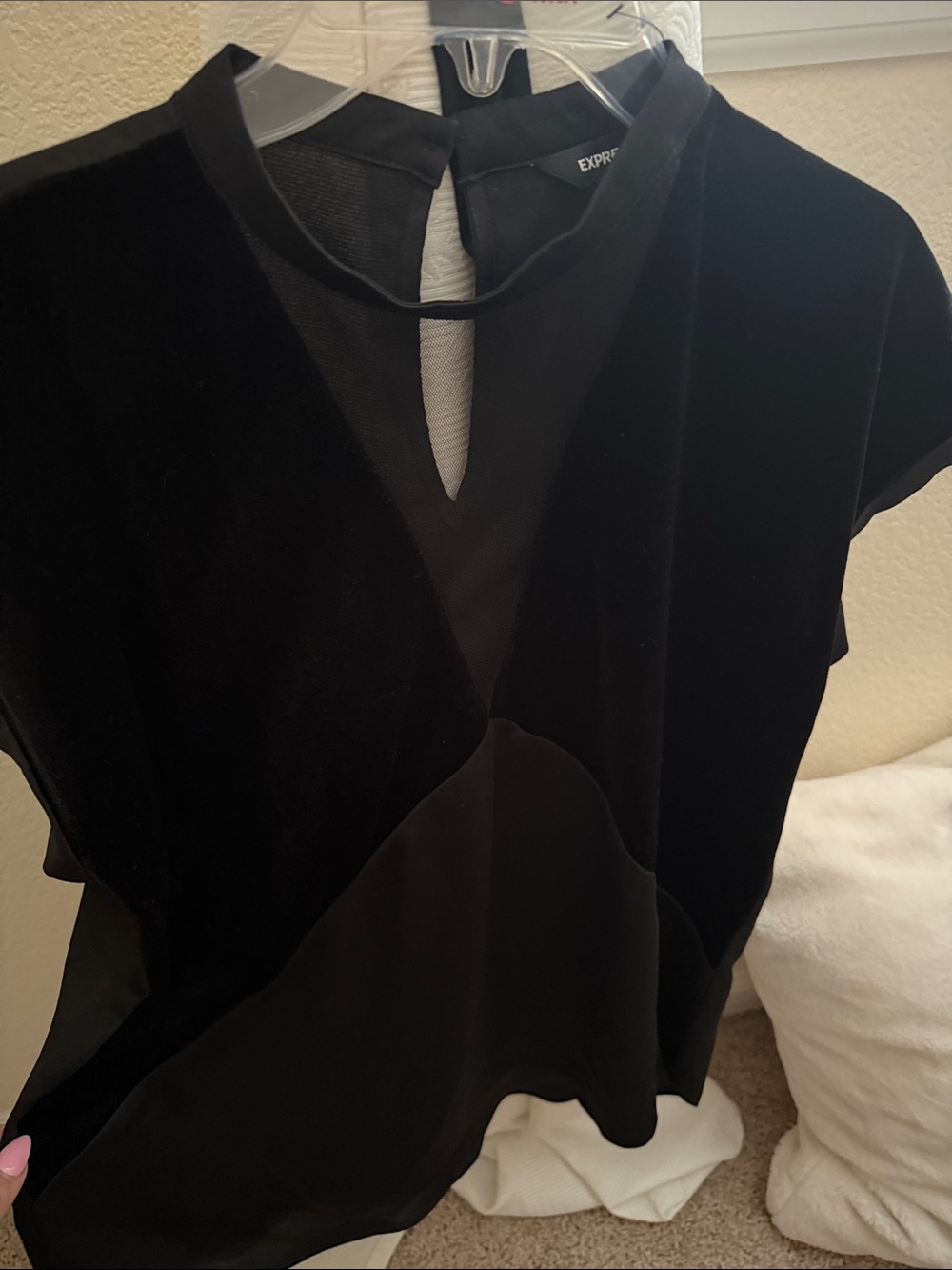 Express Black Mixed-Media Keyhole Short Sleeve Top